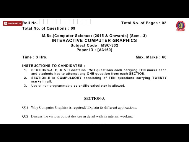 MSC CS 3RD SEM INTERACTIVE COMPUTER GRAPHICS A DEC 2018 | PTU