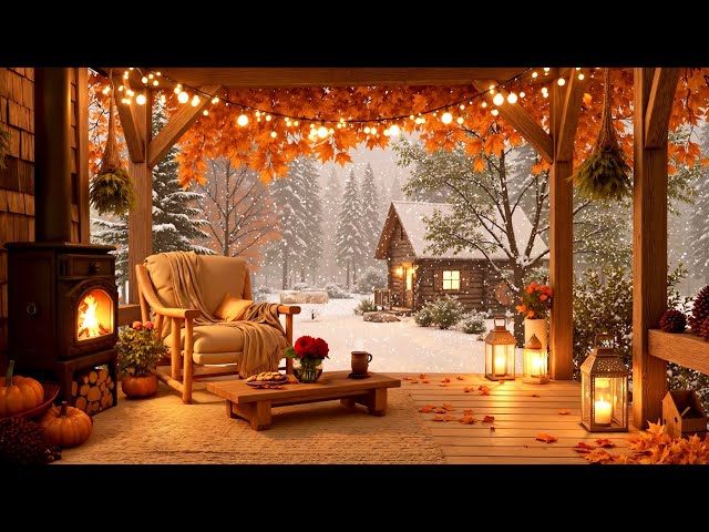First Snowfall Cabin Ambience ❄️ Cozy Winter Porch with Crackling Fire Sounds & Falling Snow