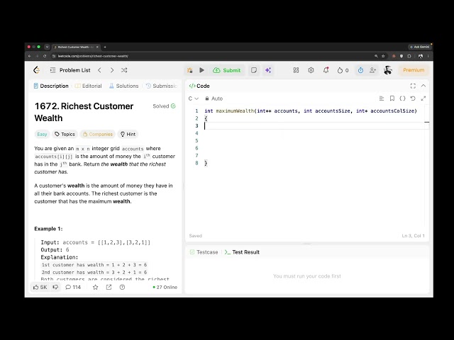DSA for Noobs: Richest Customer Wealth (LeetCode 1672) - Full Walkthrough in C