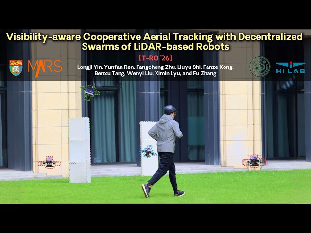 Visibility-aware Cooperative Aerial Tracking with Decentralized Swarms of LiDAR-based Robots