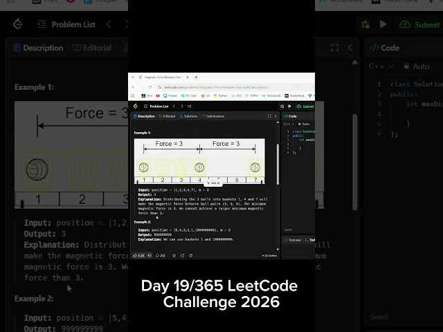 Day 19/365 LeetCode Challenge 🚀| Magnetic Force Between Two Balls 🔥 #coding #dailycoding