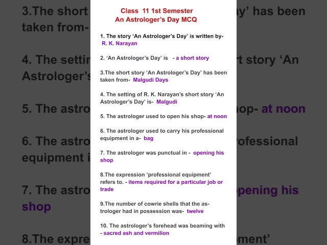 An Astrologer's Day by R.K Narayan MCQ || Class 11 English An Astrologer's Day MCQ |#english #shorts
