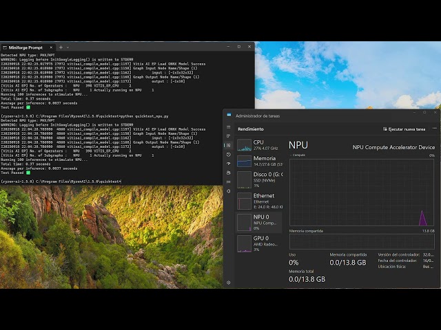 Actividad de NPU de Ryzen 7 8700g usando Ryzen IA de AMD y un script de python modificado x copilot