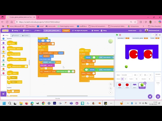 Programa con Scratch, un juego para mover los ojos de un espectador siguiendo un partido de tenis.