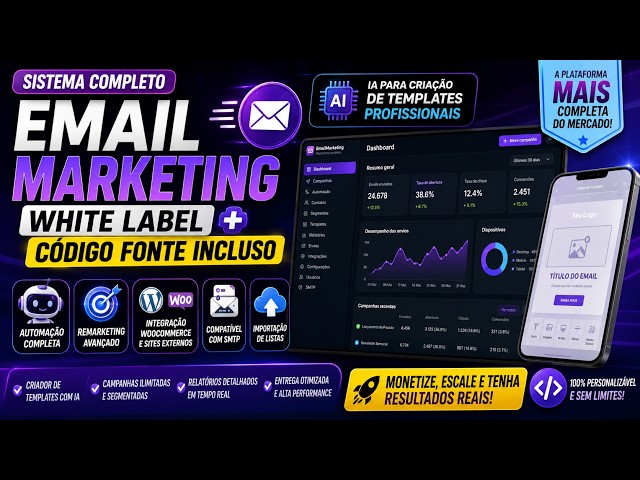 Sistema de Email Marketing White Label + Código Fonte | IA, WooCommerce, SMTP e Automação Completa