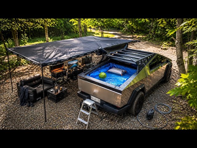 Camping in a Cybertruck Truck-Bed Pool 🏊