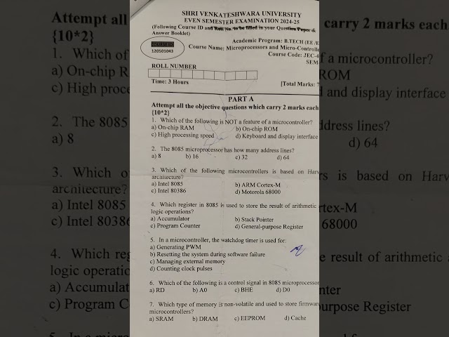 SVU gajraula microprocessors and micro-controllers previous year question paper 2024-25