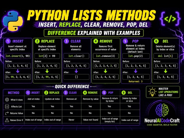 "Python List Methods: replace(), insert(), remove(), pop(), clear() & del - Complete Guide "