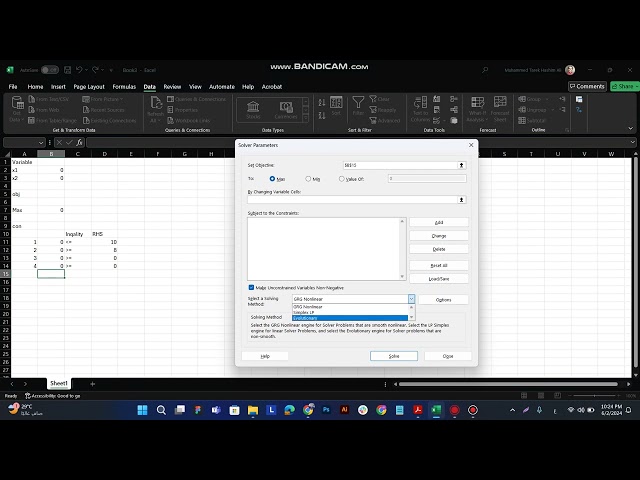 simplex method by Excel