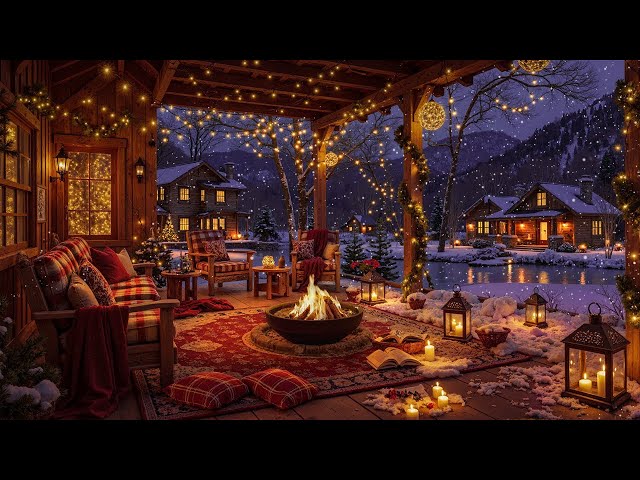 Fireplace Sounds & Relaxing Winter Jazz Music ⛄ Cozy Porch Ambience with Soft Snowfall for Unwind