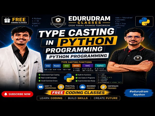 Type Casting in Python Programming | Python Programming | Free Coding Classes #edurudram #python