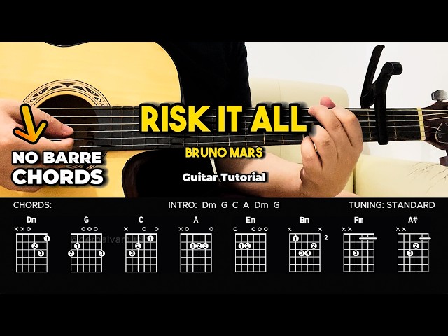 Risk It All - Bruno Mars (No Barre Chords) Guitar Tutorial For Beginners | CHORDS & LYRICS
