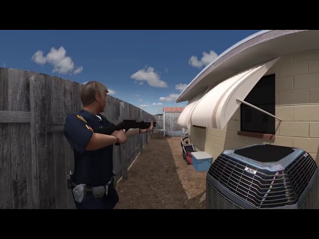 Virtual reality walk through of 3D crime scene.