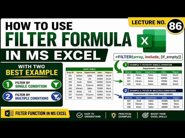 How to Use FILTER Function in Excel | 2 Best Examples | Excel Tutorial | Lecture 86