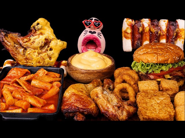 ASMR SPICY TTEOKBOKKI, OVEN CHICKEN & BEEF CHEESEBURGER MUKBANG 🍗🍔