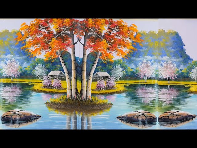 040 - How to Paint a Stilt House Beside Mountains White Trees - Autumn Tree Reflection on the River 