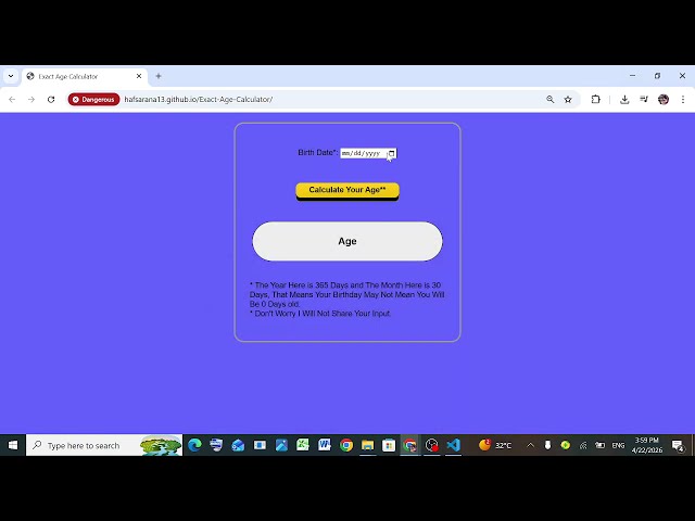 Calculate Exact Age in Years, Months & Days | Using  HTML CSS JavaScript