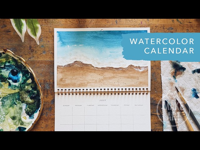 Easy To Paint Beach Watercolor Landscape | July Watercolor Calendar Spread