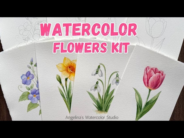 Watercolor Beginner Flowers Kit. Paint Violet, Daffodil, Tulip & Snowdrop. Easy Tutorial, DIY art