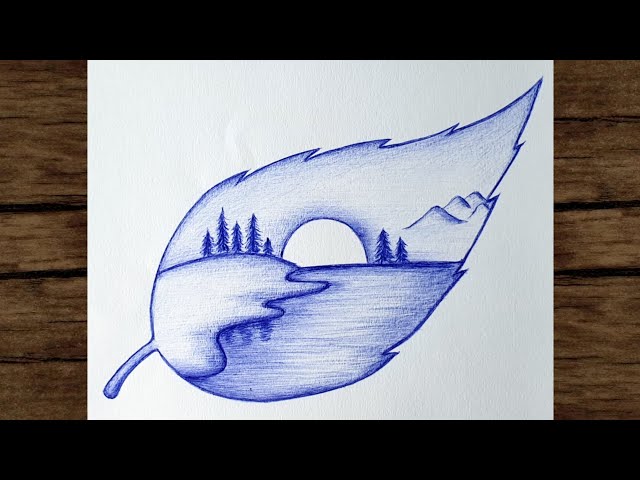beautiful scenery drawing for beginners | blue ballpoint pen drawing tutorial