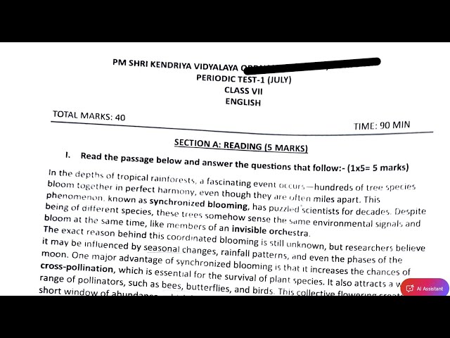 Class-7 English (3) / Periodic Test-1 PT-1 Paper PM SHRI KENDRIYA VIDYALAYA Question Paper 2026-27