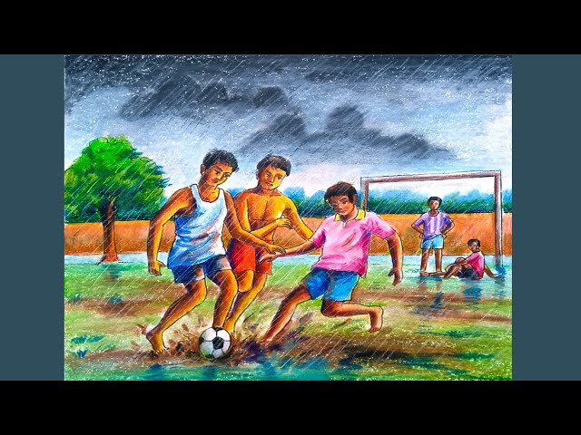 Rainy day football playing scenery drawing step by step/Rainy season scenery drawing