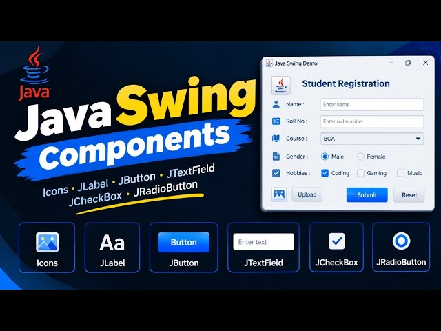 Java swing componants JIcons, JLabel, JButton  JTextField ,JCheckBoxes and JRadio buttons