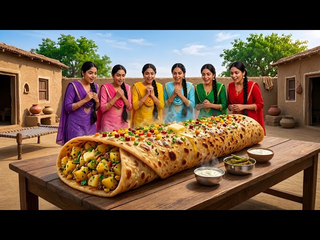 30-Foot Giant Aloo Paratha Village Party! Paratha Festival in the Village #Paratha #Cooking #Vill...