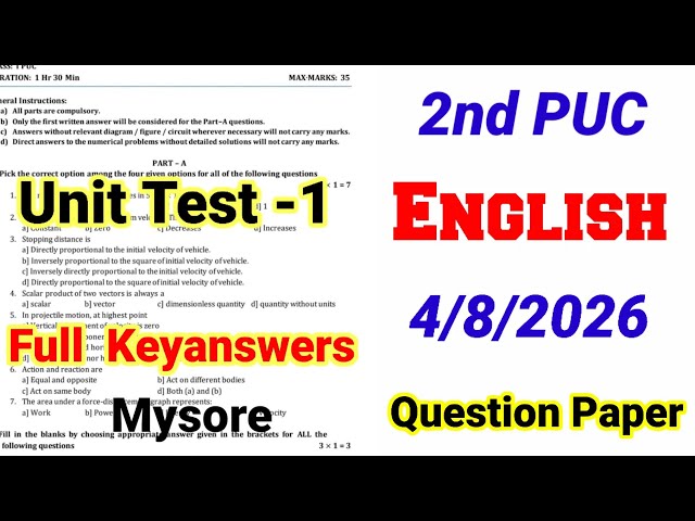 2nd PUC English Unit Test 1 Question Paper 2026 with Answers