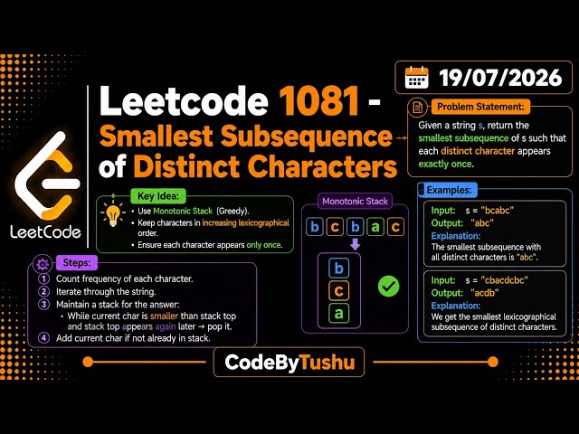 LeetCode 1081 | Smallest Subsequence of Distinct Characters | Java | Monotonic Stack | CodeByTushu