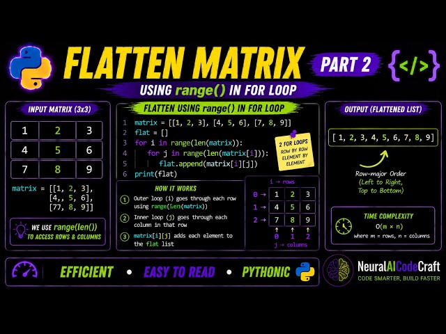 "Part2: Python | Nested List Comprehension: Flatten Matrix(Nested Lists) using Range()"