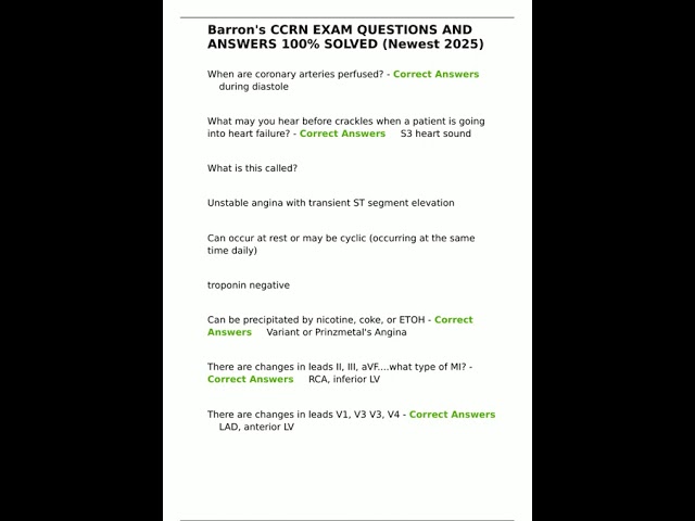 Barrons CCRN EXAM QUESTIONS AND ANSWERS 100 SOLVED Newest 2025