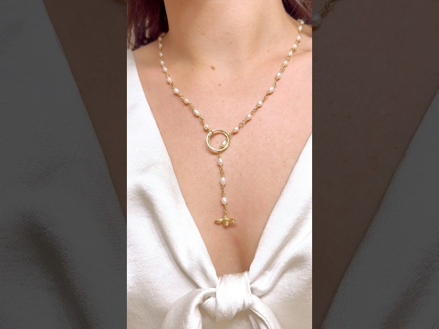 DIY freshwater pearl & gold lariat necklace🐝 #bee #jewelrymaking #tutorial #diynecklace #pearl