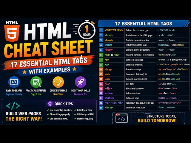 💻 1 HOUR HTML CHEAT SHEET | 20 ESSENTIAL HTML CODES