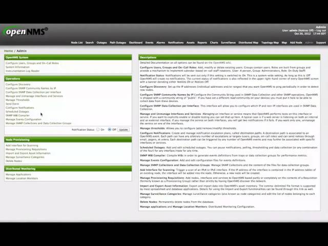 OpenNMS User Interface for Events Configuration and SNMP Performance Metrics.