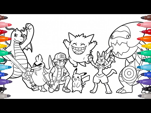 Coloring Ash’s Champion Pokémon Team | Pikachu, Lucario, Gengar, Dragonite & More