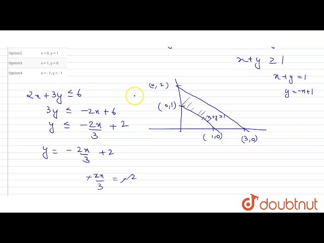 Minimize  Z= 3x+y, subject to constriants` 2x +3y le 6, x +y ge 1, x ge 0 , y ge 0` Then