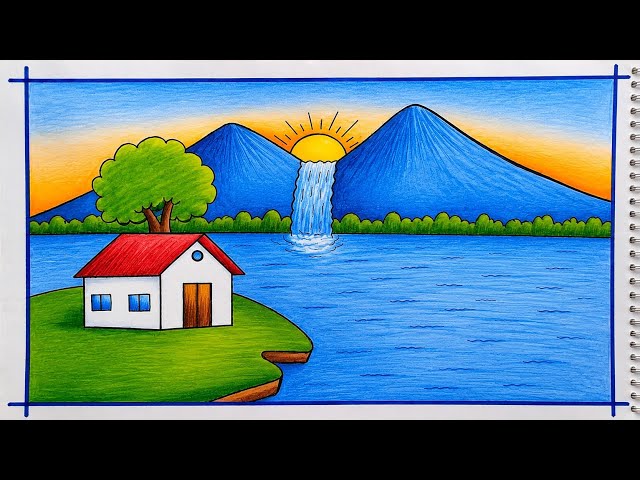 Blue Mountain Waterfall Scenery | Beautiful Nature Landscape Drawing 🌄🏡💧