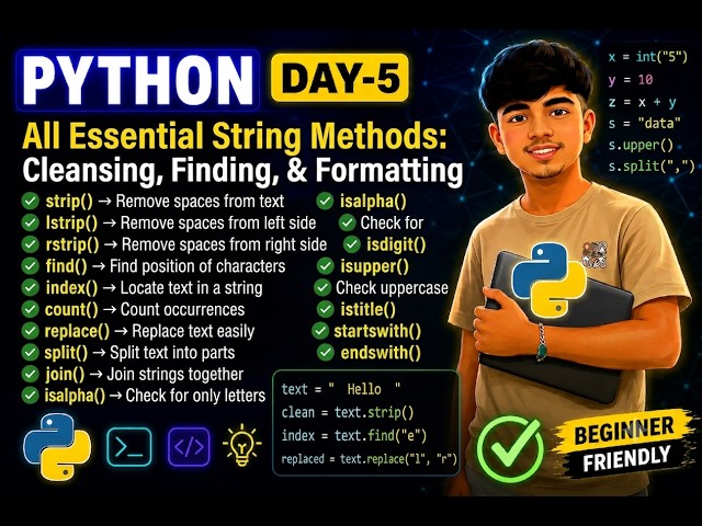 Day_5 Python String Methods Explained | strip(), find(), replace(), split(), count() & More 🐍