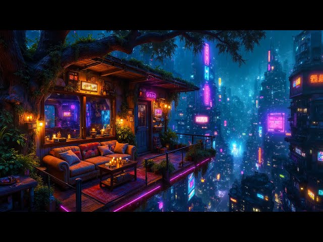 Lofi Ambient – Cozy Treehouse Rain Overlooking a Neon Cyberpunk City | Night Study & Sleep | 4K
