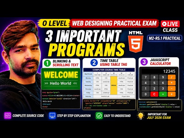 O Level Web Designing Practical Exam | CSS Blinking Text | HTML Time Table | JavaScript Calculator
