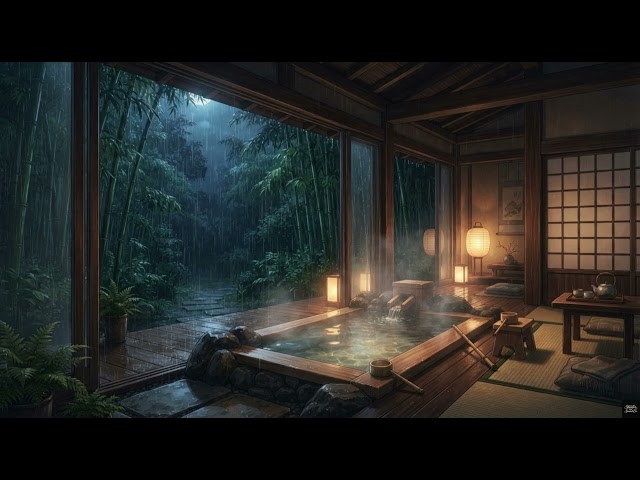 Rainy Night Forest Onsen 🌧️ Sleep Music & Soothing Water Sounds for Deep Relaxation [1 Hour]