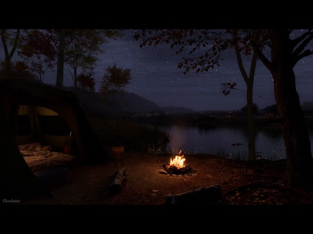 A Comforting Autumn Night Camping Ambience | Crackling Fire, Water, Crickets, Owl Sounds