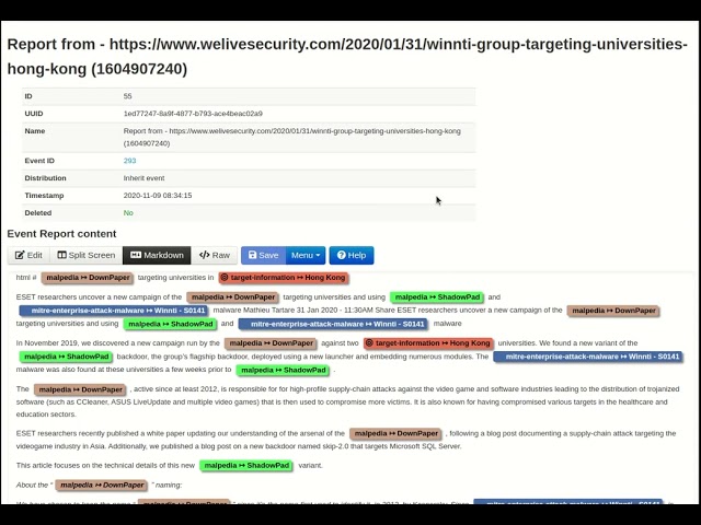 MISP - extract automatically indicators, threat intelligence such as threat actor from reports.
