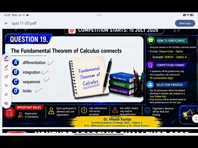 Question 19 | Fundamental Theorem of Calculus | YouTube Academic Challenge 2026 | B.Sc. Mathematics