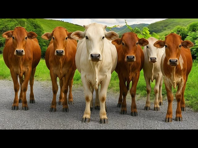 Dozens of cows in the morning walk to the grass field, the sound of cows mooing, cute cow activit...