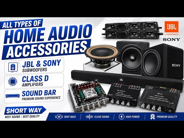 All types of home audio accessories - Class D amplifiers, JBL & Sony subwoofers and amps plus sou...