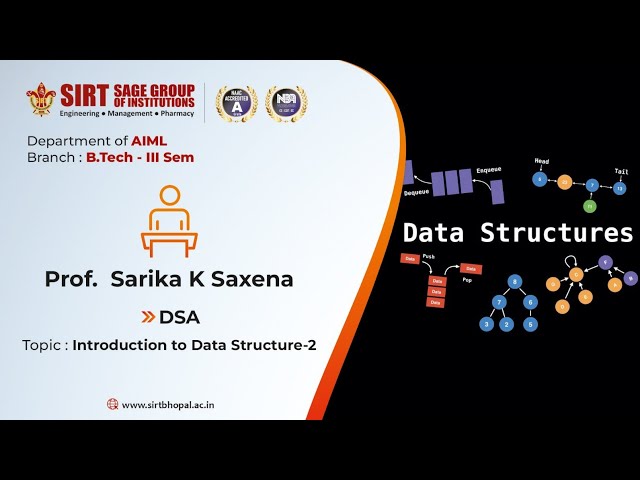 Introduction to Data Structure | Data Structure | SIRT Bhopal | Prof. Sarika K Saxena