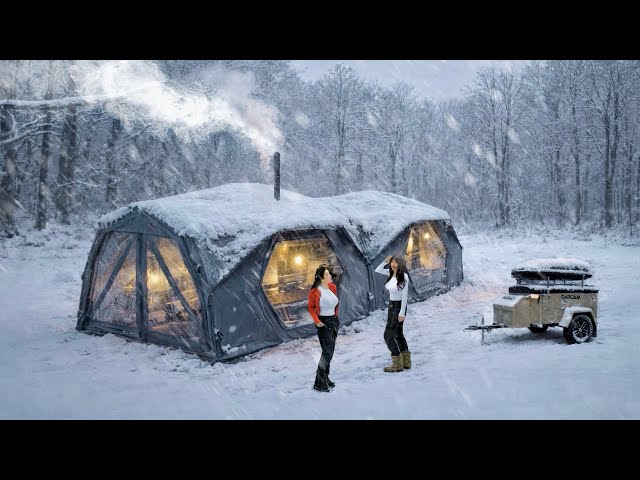 CAMPING IN THE SNOW WITH MY BEST FRIEND IN TWO LARGE LUXURY INFLATABLE TENTS 🌨