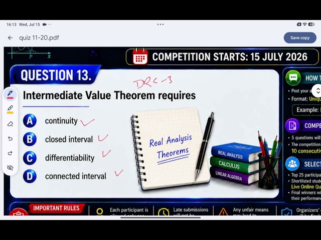 Question 13 | Intermediate Value Theorem | YouTube Academic Challenge 2026 | B.Sc. Mathematics Quiz